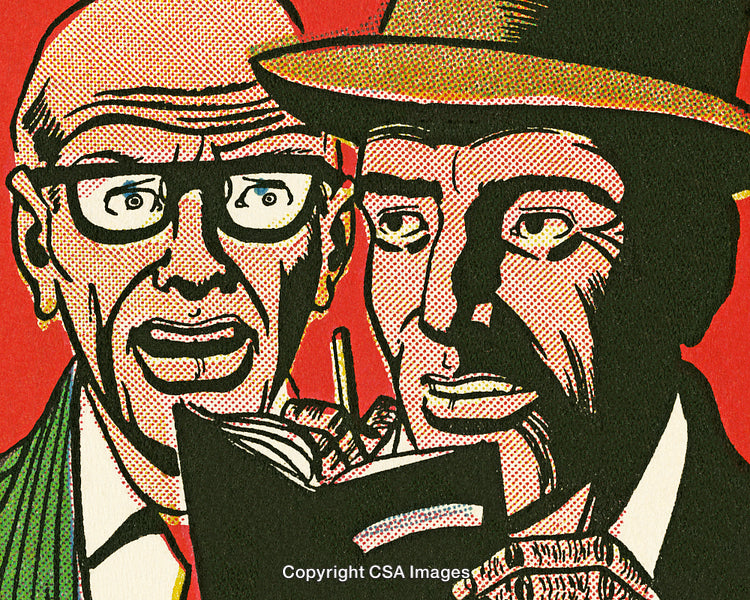 Retro Comic Style Illustration of Two Men in Expressive Conversation