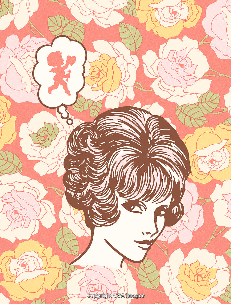 Retro Illustration of Woman with Cupid in Thought Bubble and Floral Background