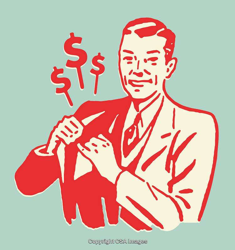 Retro Illustration of a Wealthy Businessman with Dollar Symbols in Background
