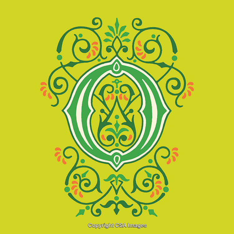 Intricate Floral Letter O Design with Ornamental Details on Green Background