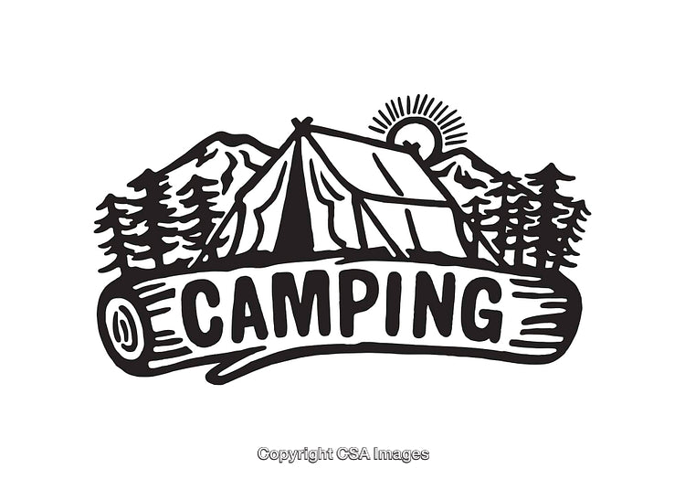 Black and White Camping Tent Illustration with Forest and Mountain Scene