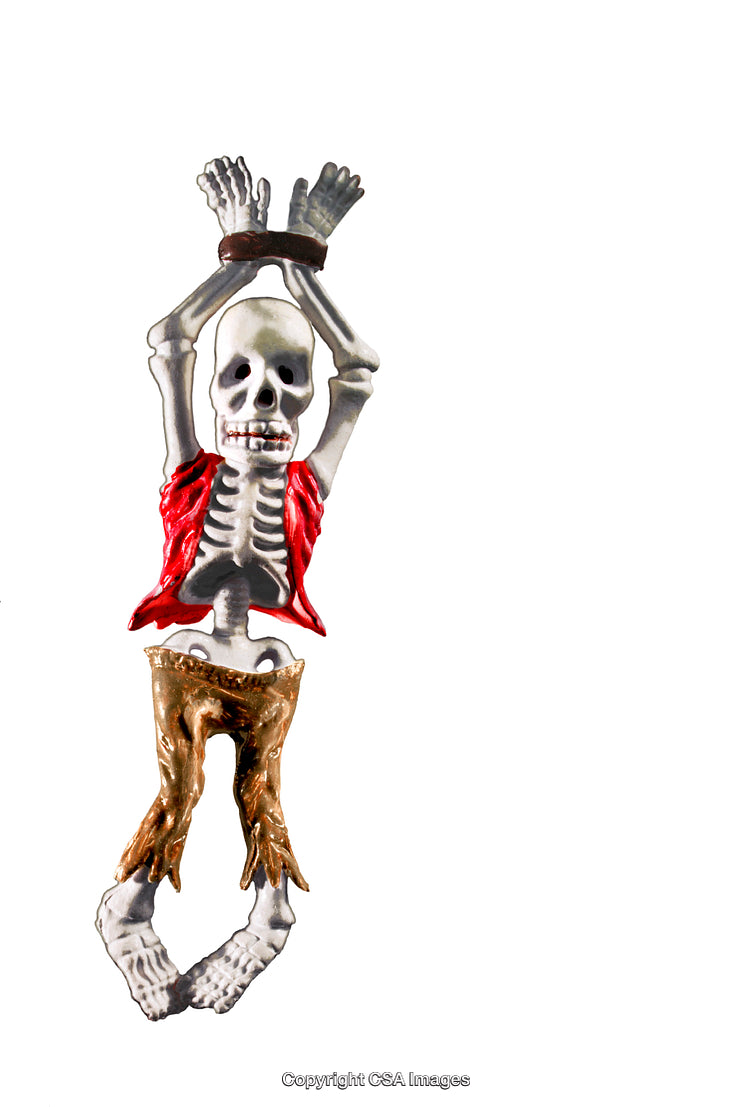 Halloween Skeleton Figurine with Red Shirt and Brown Trousers Displayed