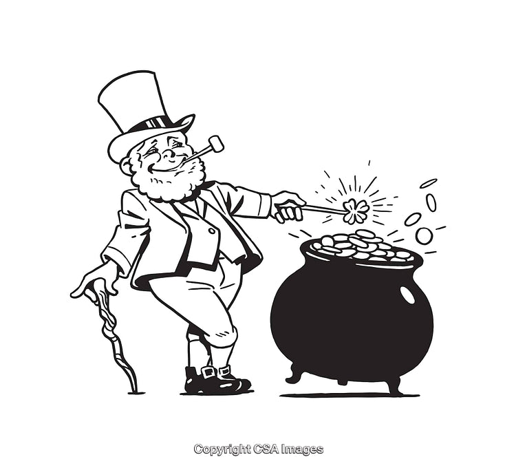 Black and White Illustration of Leprechaun with Magic Clover and Pot of Gold