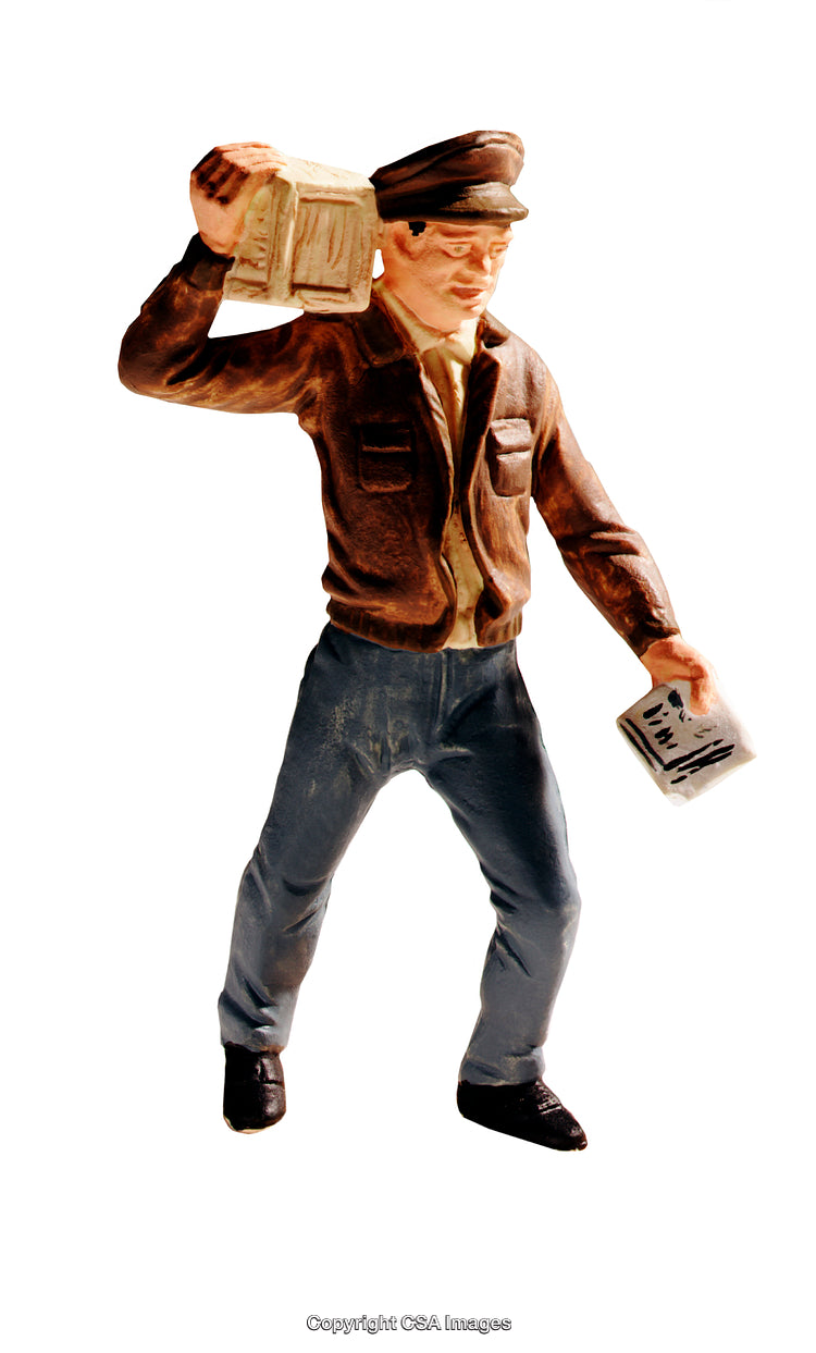 Retro Toy Figure of Newspaper Delivery Boy in Uniform on White