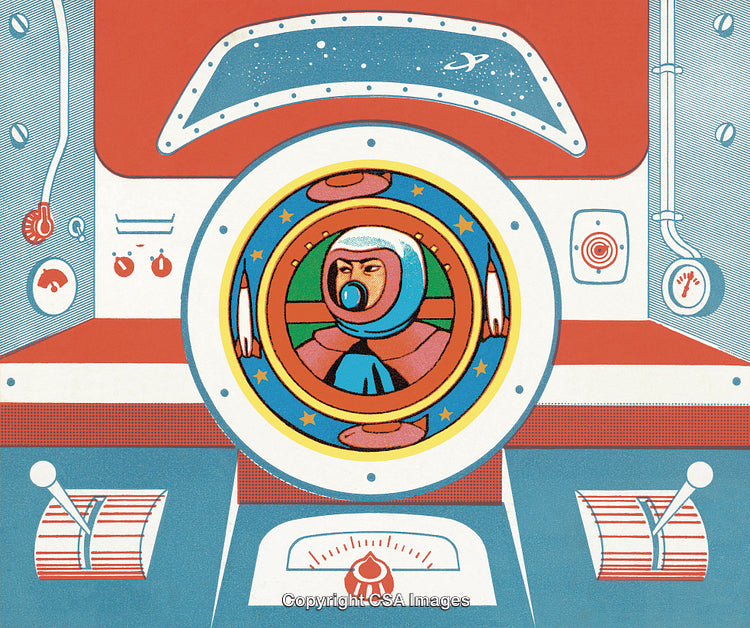 Colorful Retro Illustration Featuring an Astronaut Inside a Space Futuristic Cockpit