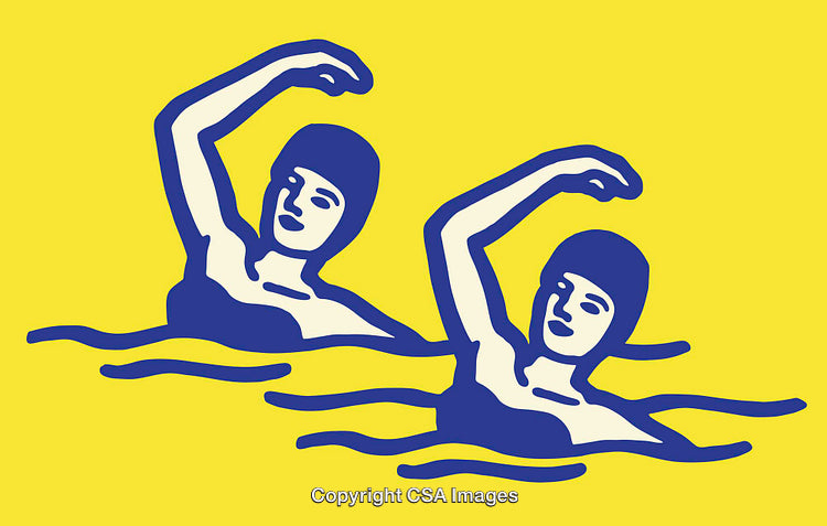 Illustrated Synchronized Swimming Duo in Bold Blue and Yellow Design