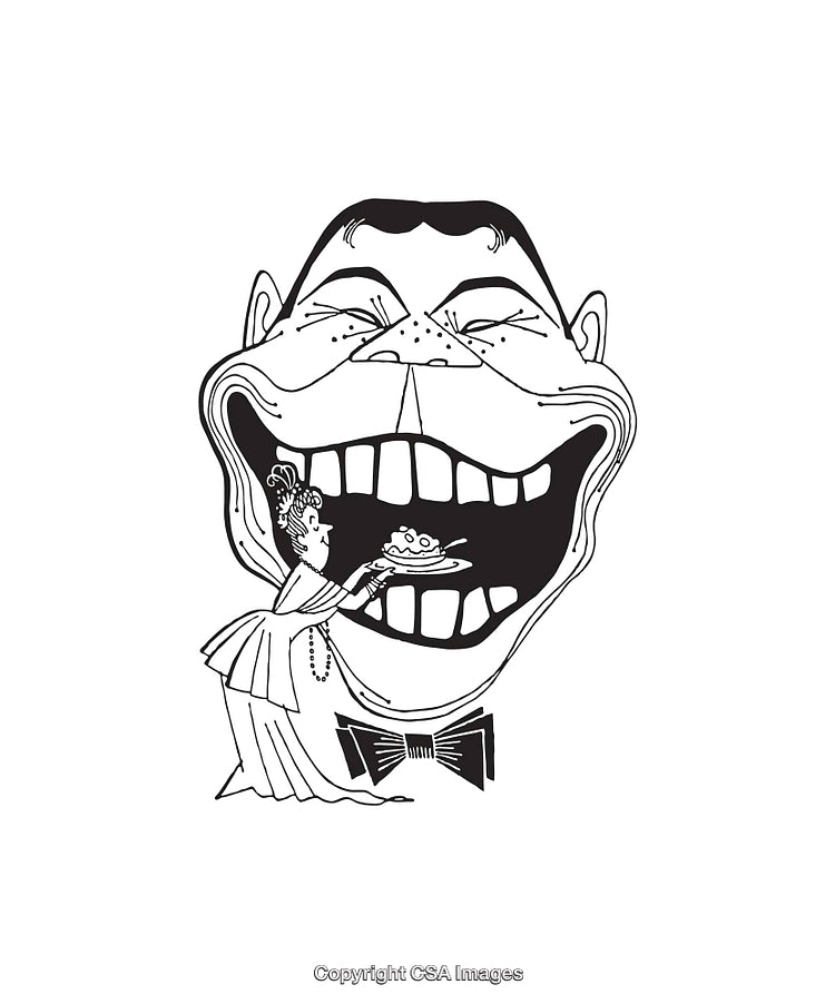 Humorous Line Art Illustration Featuring a Large Smiling Face and Serving Lady