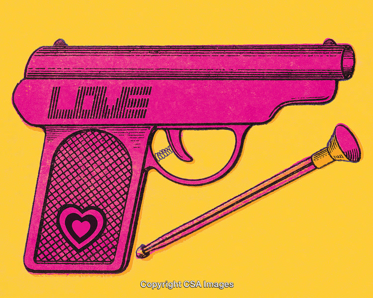 Pink Love Gun Illustration on Yellow Background with Heart Decoration