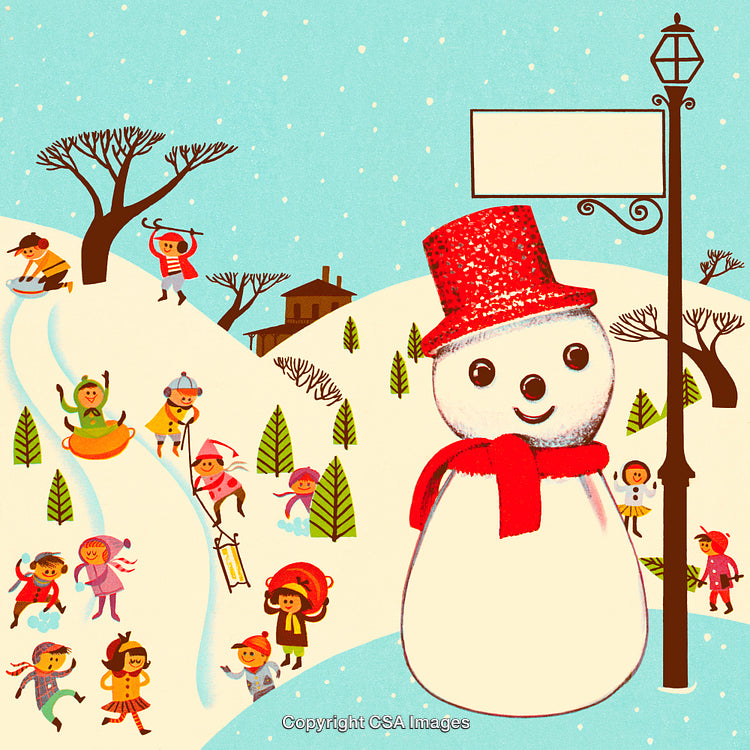 Colorful Winter Scene Featuring A Cheerful Snowman and Festive Children Playing