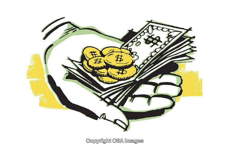 Hand Holding Bitcoins and Cash Illustration in Cartoon Style