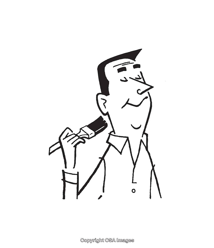 Black and White Line Art Illustration of a Smiling Man with a Brush