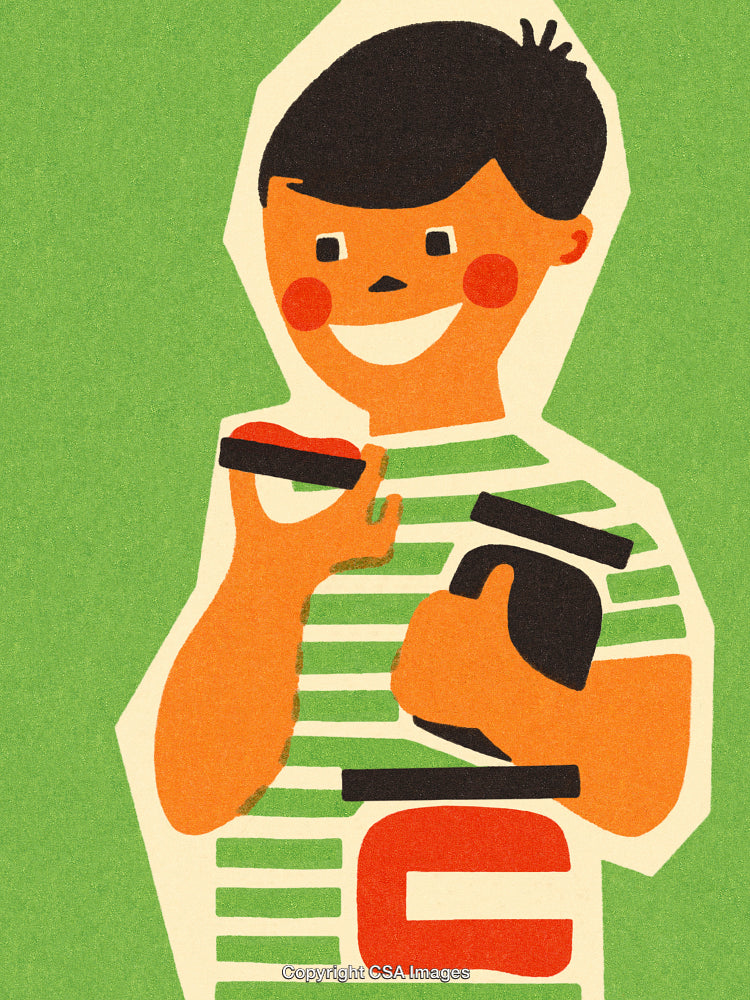 Smiling Boy With Striped Shirt Holding Geometric Shapes on Green Background