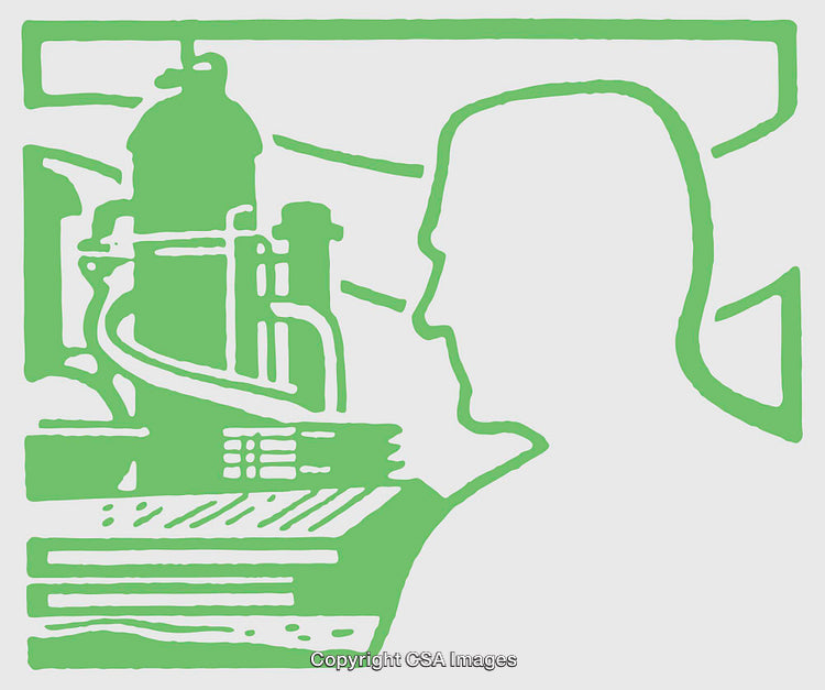 Green Line Art of Industrial Apparatus with Silhouetted Human Figure