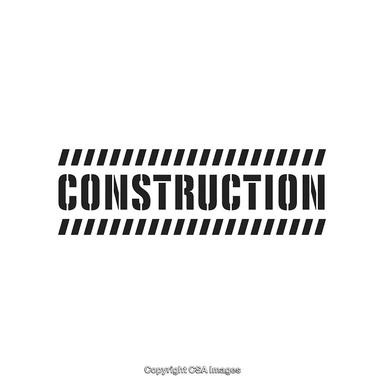 Construction Text Sign with Black Striped Border on White Background