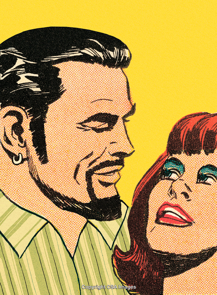 Retro Comic Style Illustration of a Smiling Couple on Yellow Background
