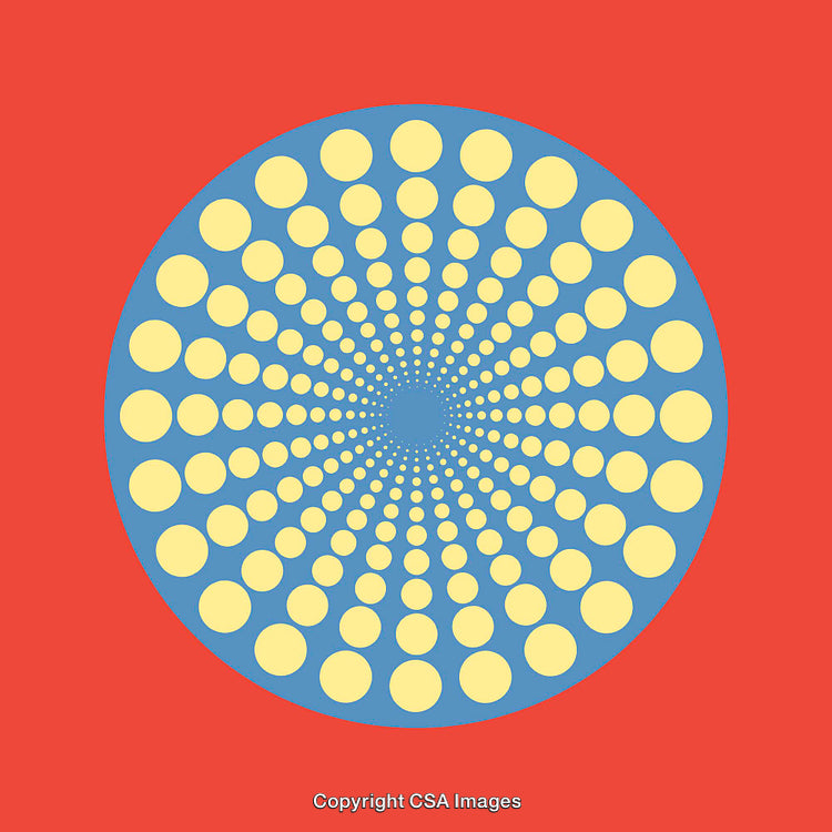 Colorful Abstract Circular Design with Yellow Dots on Red Background