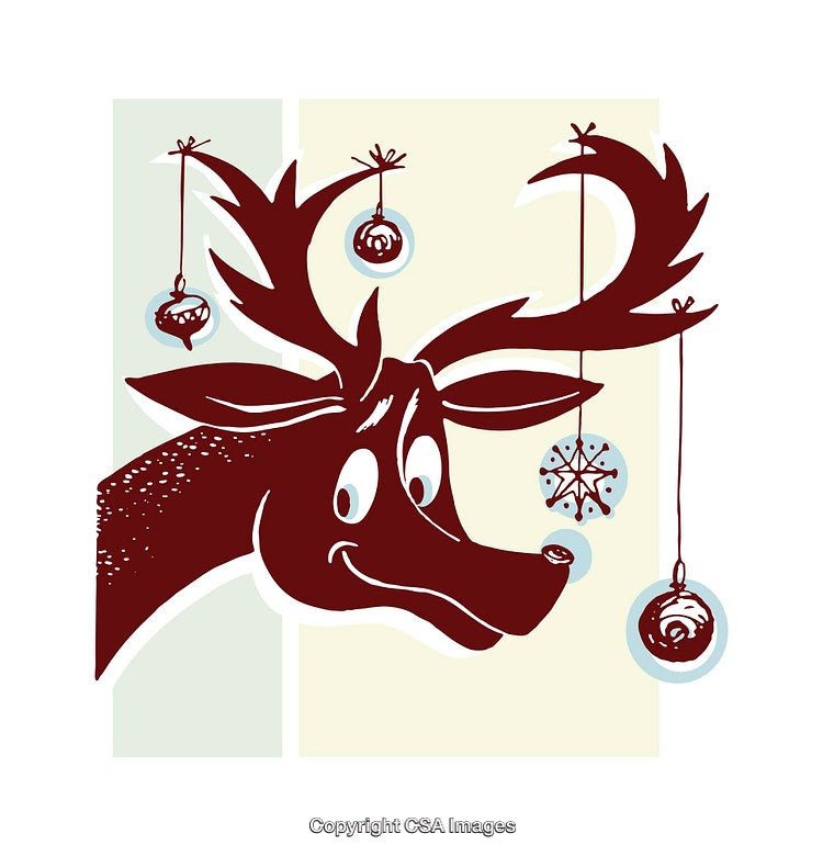 Colorful Christmas Reindeer Illustration with Ornaments Hanging from Antlers