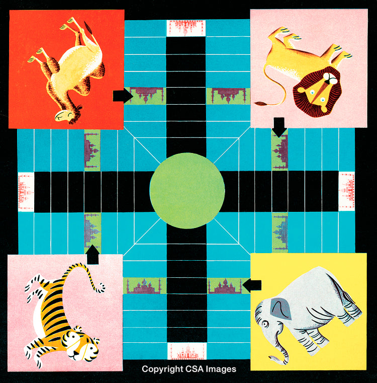 Colorful Illustration of a Game Board with Animal Motifs and Vibrant Design