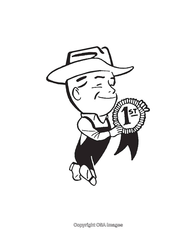 Black and White Line Art of Character Holding First Place Ribbon