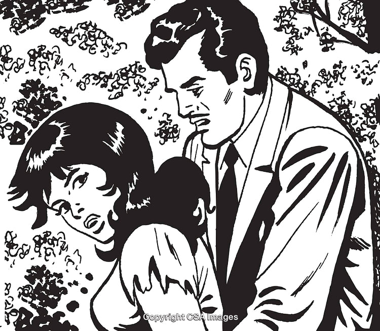 Vintage Comic-Style Artwork of Concerned Couple in Emotional Scene