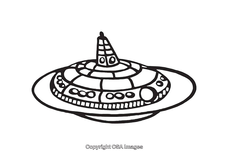 Black and White Line Art Illustration of a Retro UFO or Flying Saucer