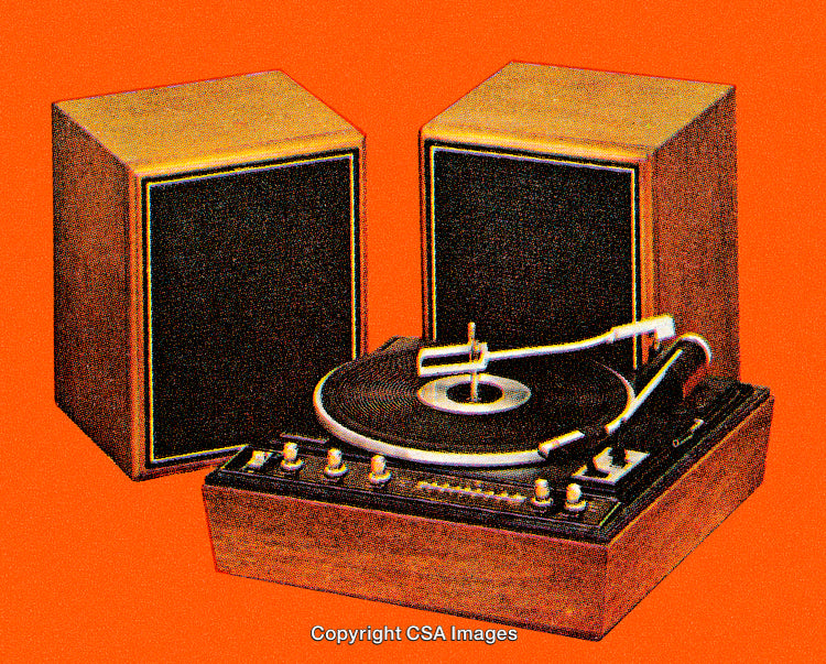 Retro Turntable with Wooden Speakers on Vibrant Orange Background