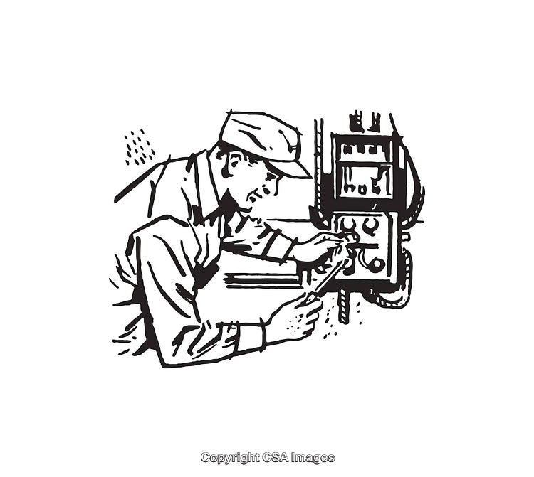 Skilled Technician Adjusting Control Panel in Black and White Illustration