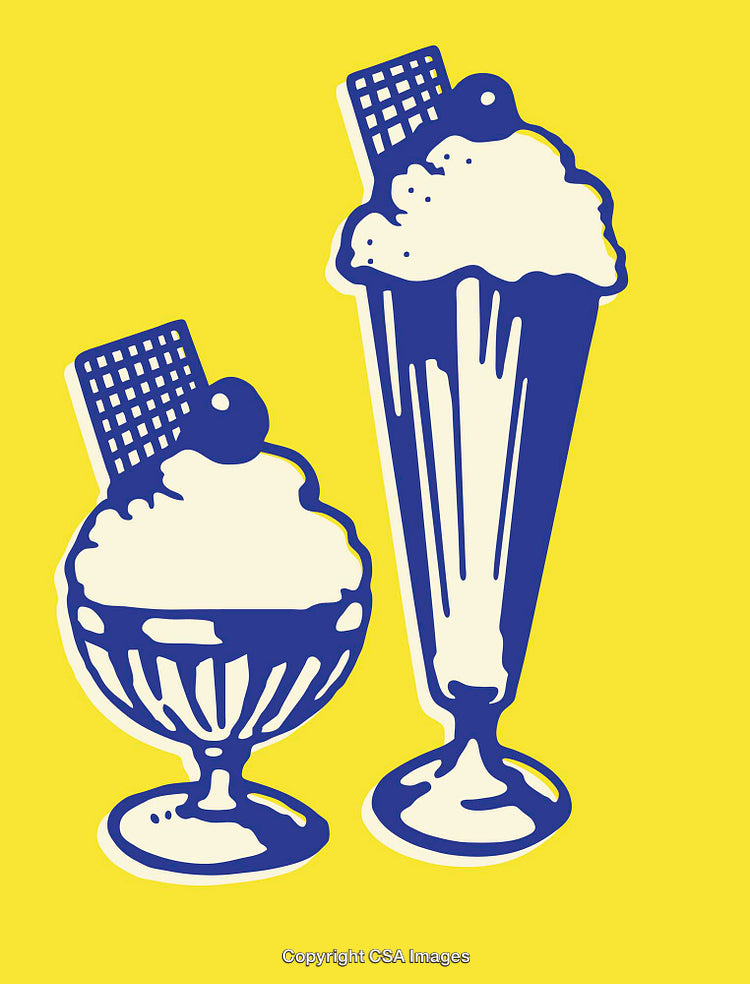Retro Style Ice Cream and Sundae Illustrations on Vibrant Yellow Background