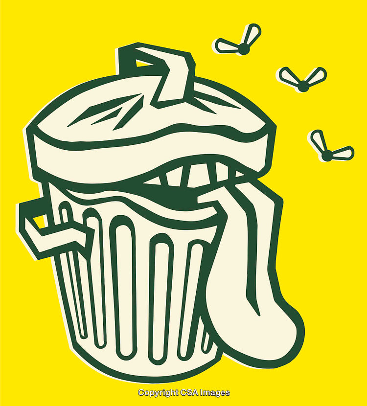 Humorous Trash Can Illustration with Flies and Yellow Background