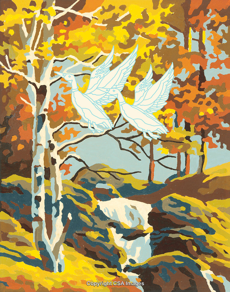 Autumn Forest Scene with Birds Illustrated in Paint by Numbers Style