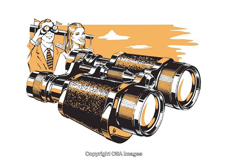 Stylized Illustration Featuring Binoculars and People in a Retro Design