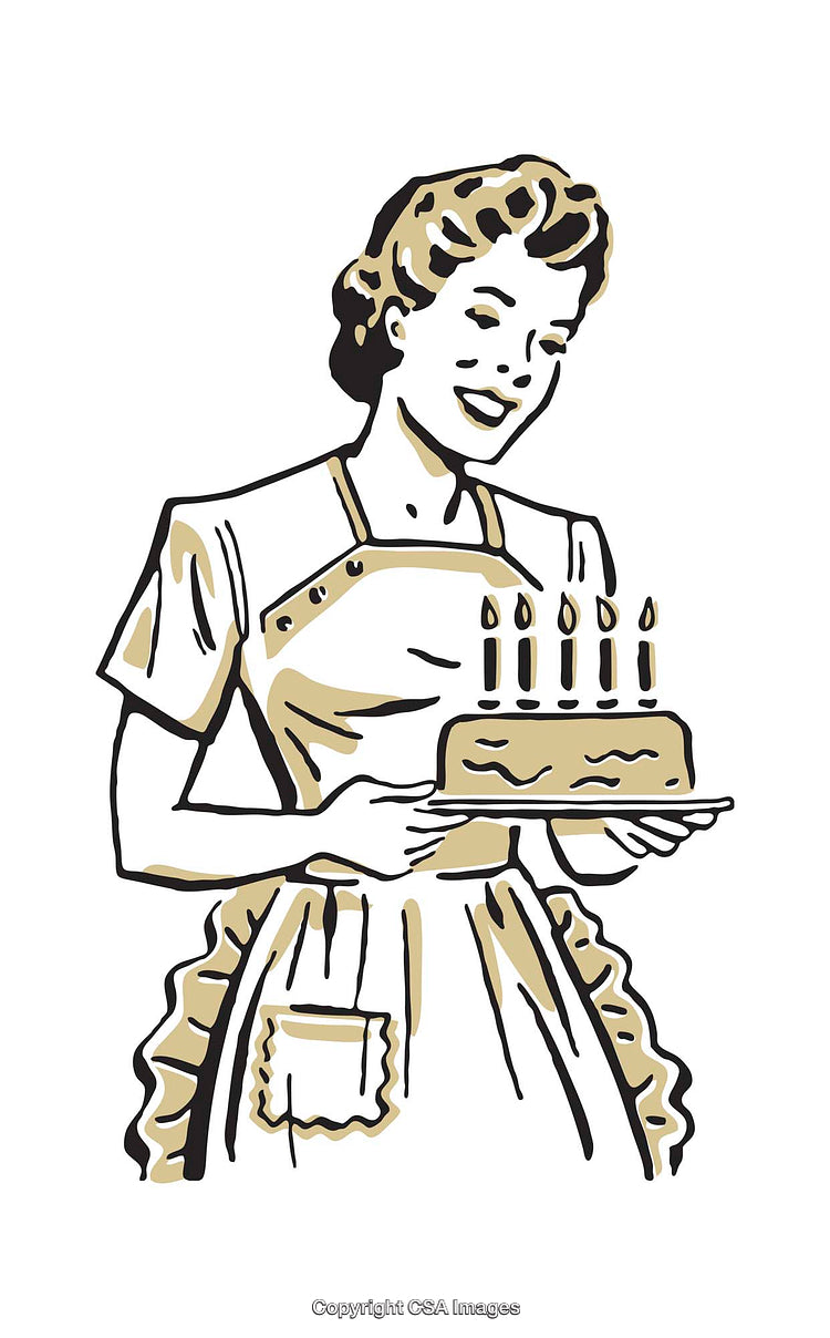 Retro Style Woman Holding Cake with Lit Candles in Black and Beige Illustration