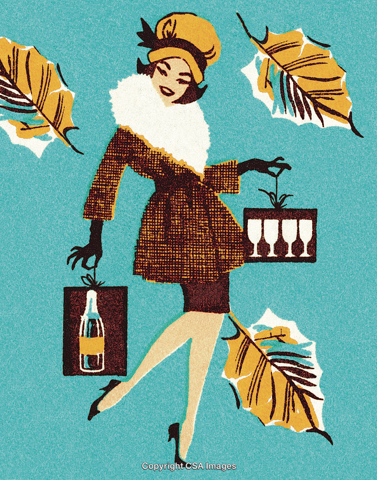 Retro Illustration of Woman with Champagne and Glasses in Autumn Setting