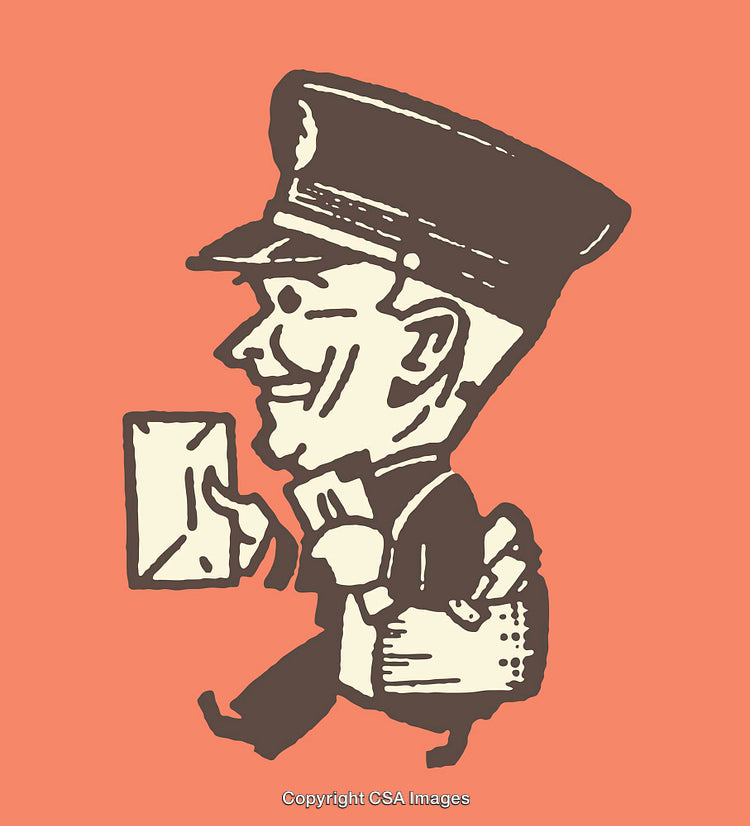 Vintage Style Illustration of a Happy Mailman in Uniform Carrying Letters