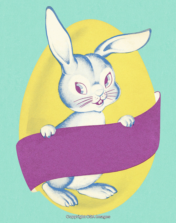 Playful Illustrated Bunny Holding Purple Banner on Colorful Background