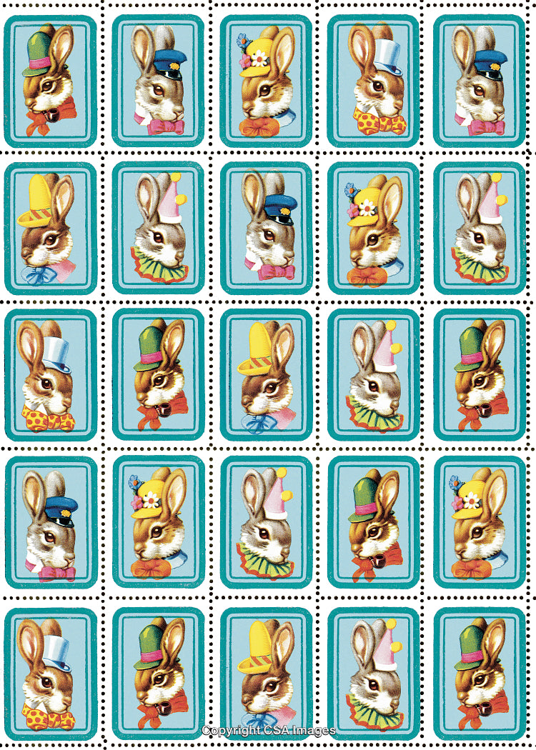 Colorful Vintage Bunny Illustrations in Patterned Grid with Playful Accessories