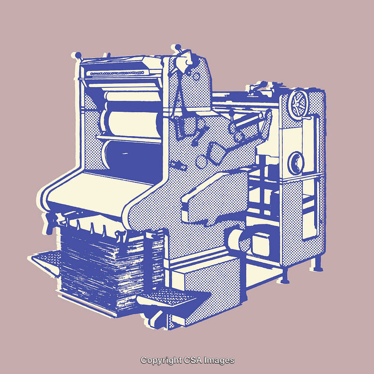 Vintage Printing Press Illustration with Colorful Line Art Style