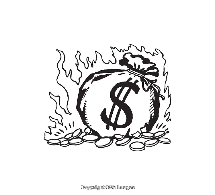 Black and White Illustration of Money Bag Surrounded by Flames
