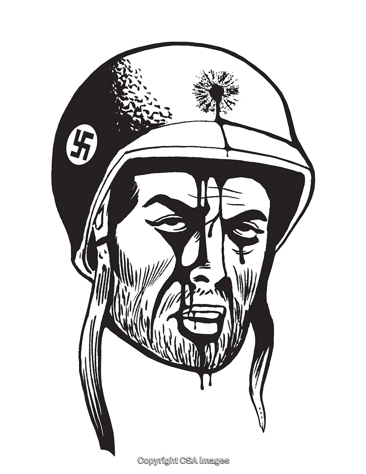 Black and White Illustration of a Face with a Cracked Helmet