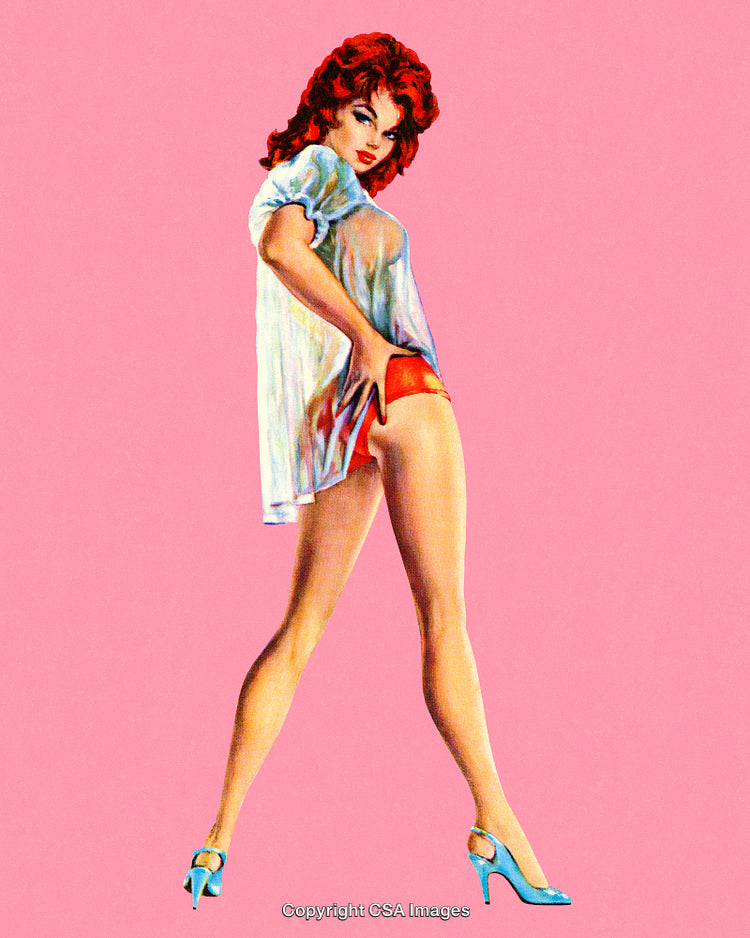Stylized Redhead Woman in Lingerie Against a Pink Backdrop