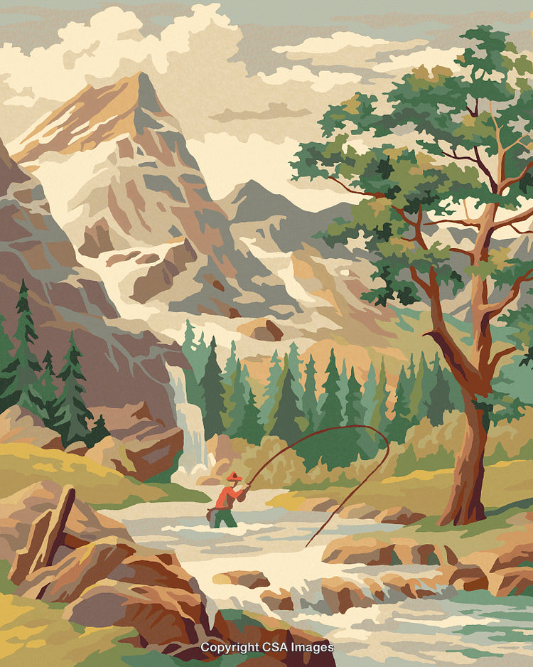 Scenic Mountain Landscape with Fisherman in Vintage Paint-by-Number Style