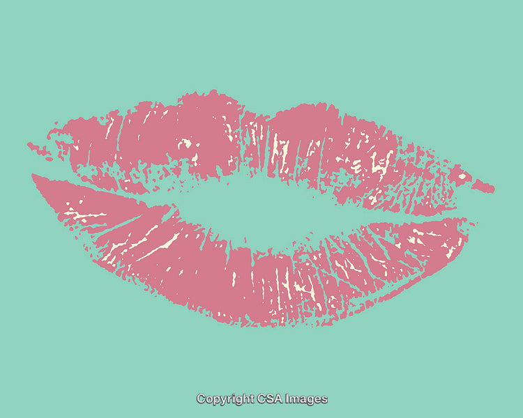 Colorful Line Art Illustration of Pink Lips on a Green Background