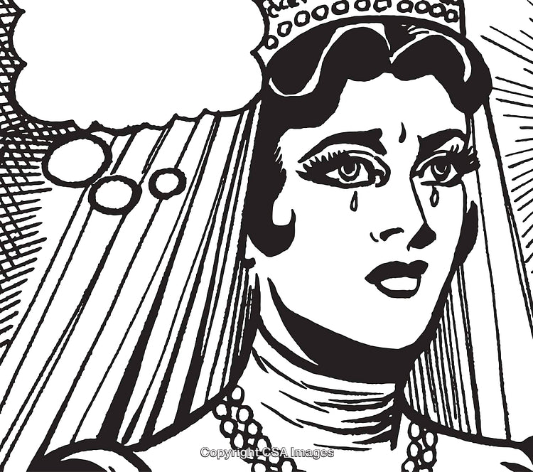Retro Illustration of a Tearful Bride Expressing Emotion with Thought Bubble