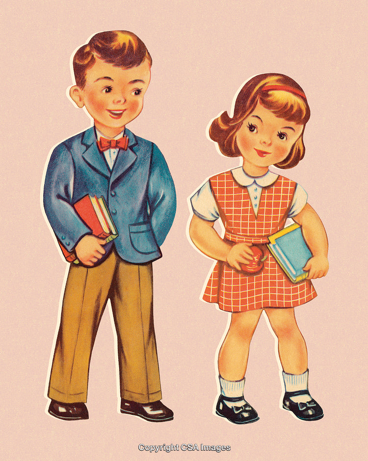 Vintage Style Illustration of Children Holding Books and Smiling
