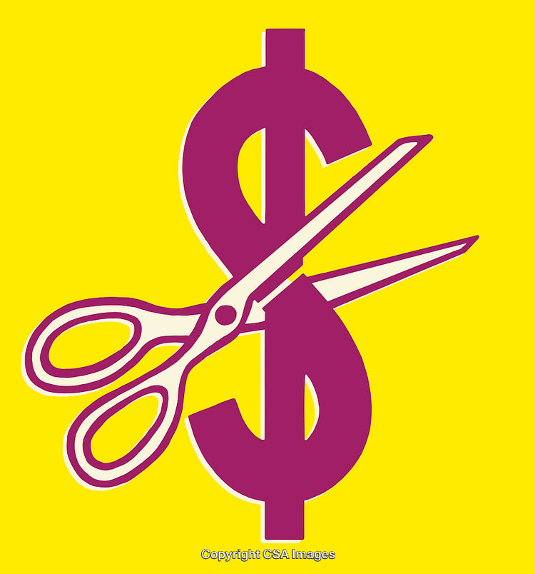 Colorful Illustration of Scissors Cutting Through a Dollar Sign