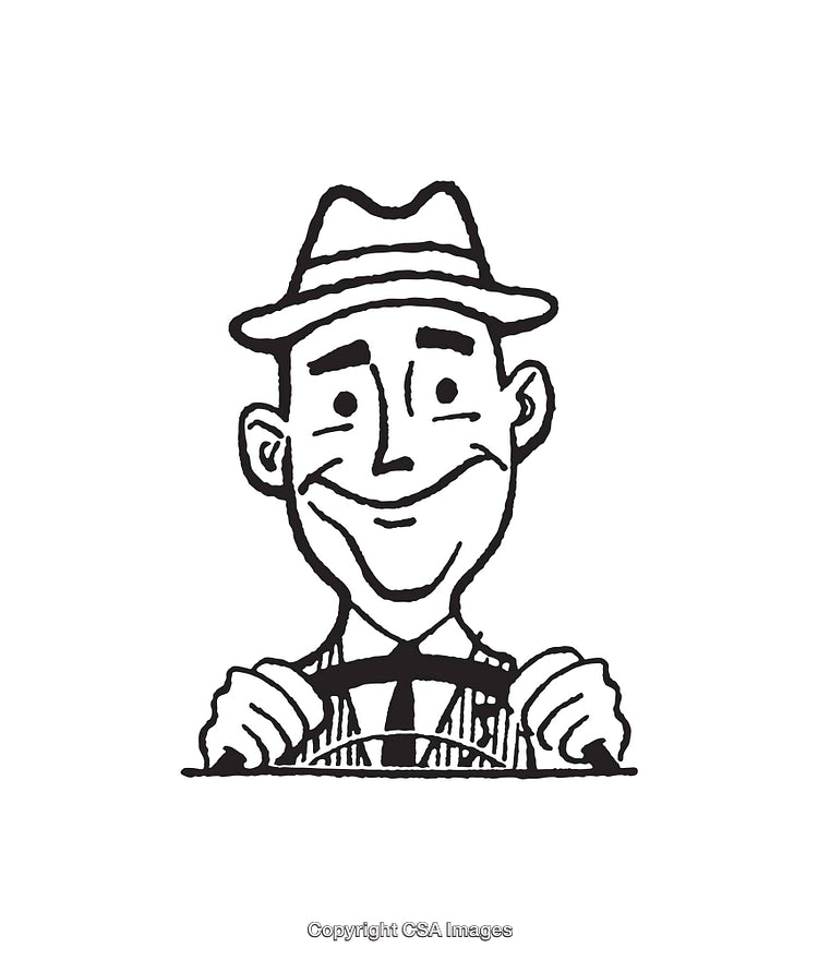 Black and White Illustration of a Man Driving a Car with a Smile