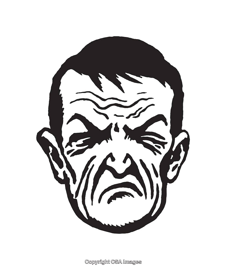 Black and White Line Art Illustration of a Frowning Face with Wrinkles