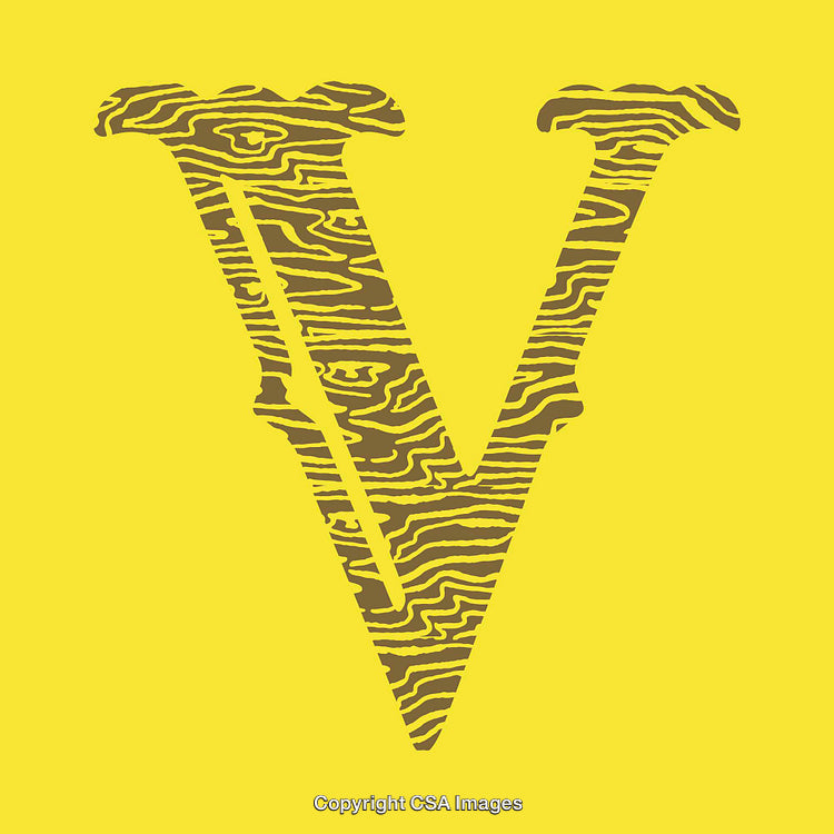 Yellow Background with Stylized Letter V Featuring Woodgrain Pattern