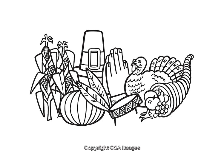 Black and White Line Art Featuring Thanksgiving Elements and Symbols of Gratitude
