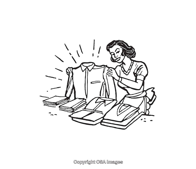 Vintage Illustration of Woman Folding Clothes in Black and White Line Art